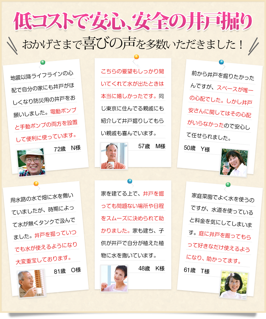 低コストで安心、安全の井戸掘り！おかげさまで喜びの声を多数いただきました！